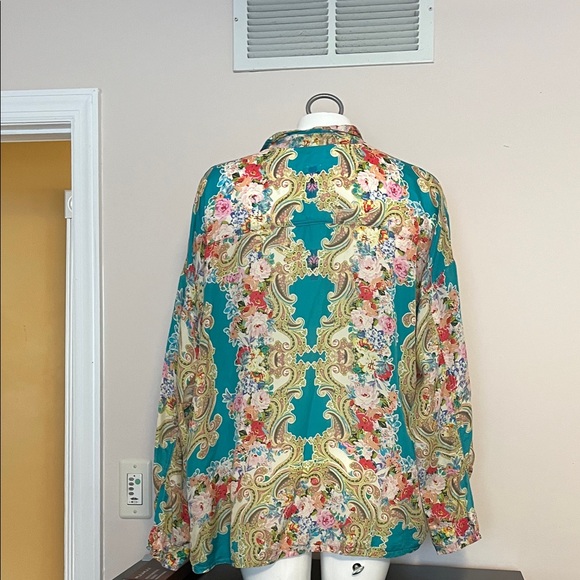 Johnny Was Teal Floral Paisley Button-Front Blouse - Picture 4 of 7